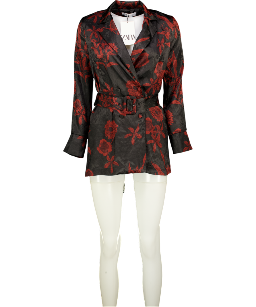 ZARA Black Floral Satin Jacquard Belted Blazer UK XS