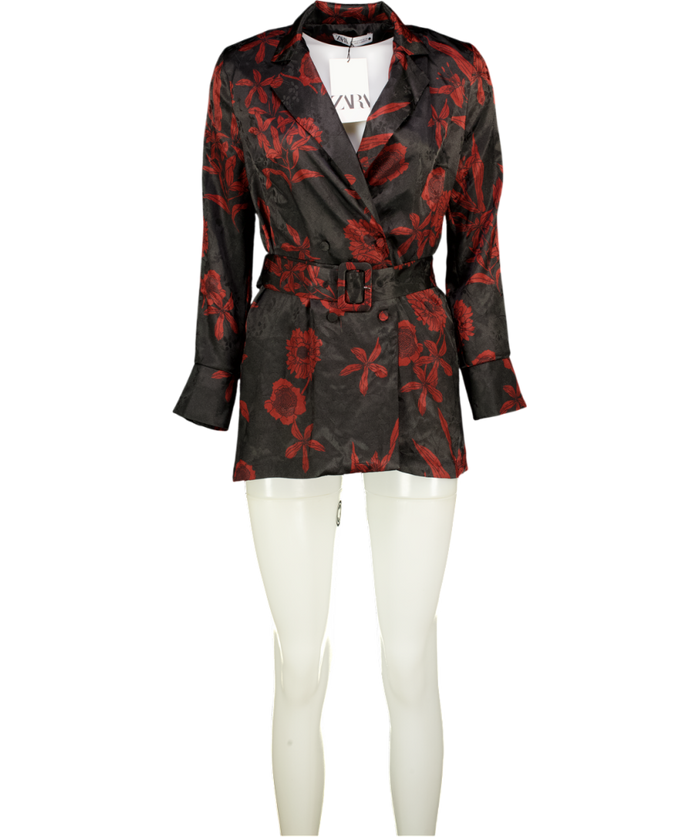ZARA Black Floral Satin Jacquard Belted Blazer UK XS