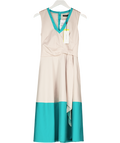 Karen Millen Beige / Turquoise Fit &flare Cotton Midi Dress UK 8