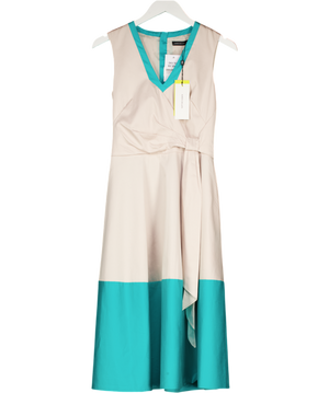 Karen Millen Beige / Turquoise Fit &flare Cotton Midi Dress UK 8