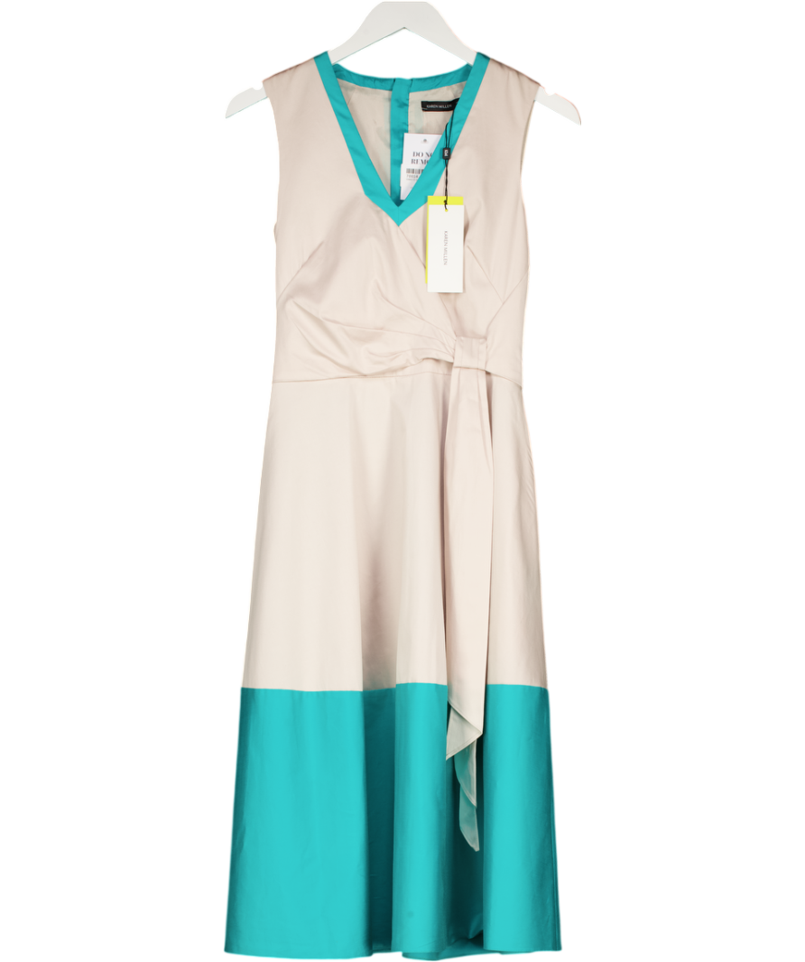 Karen Millen Beige / Turquoise Fit &flare Cotton Midi Dress UK 8
