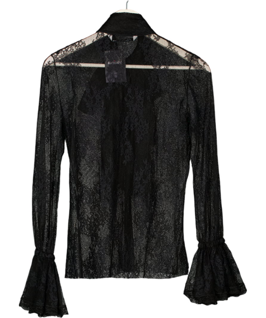 ZARA Black Lace Frill Detail Tie-neck Blouse UK S