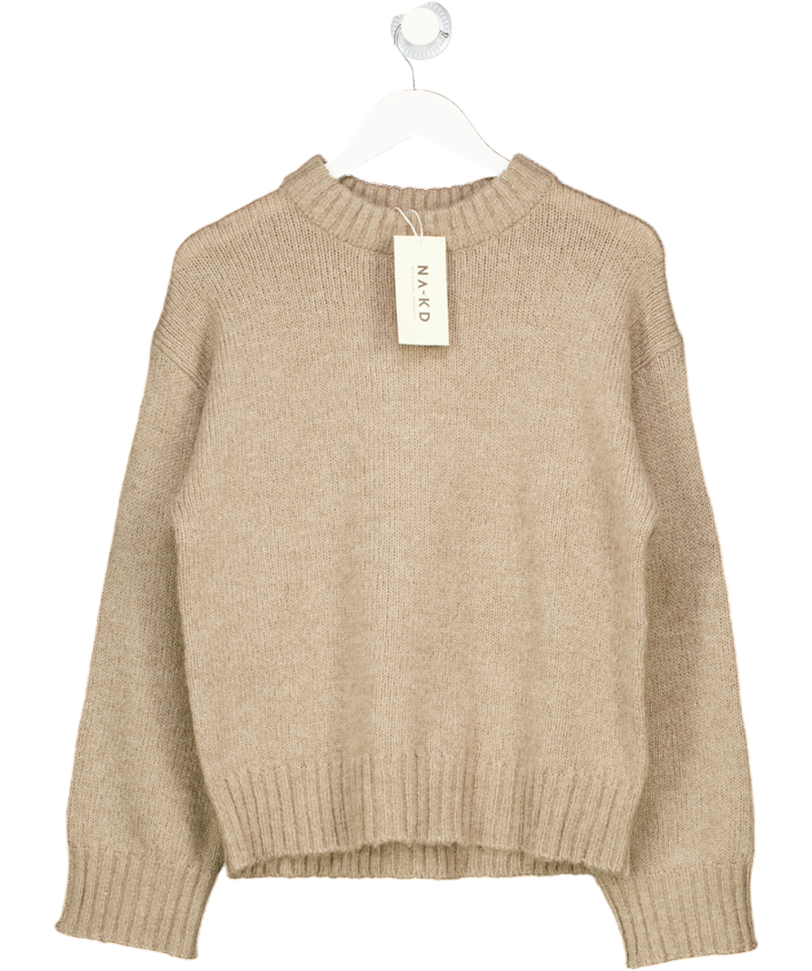 NA-KD Beige Round Neck Wool Blend Knitted Sweater UK XS