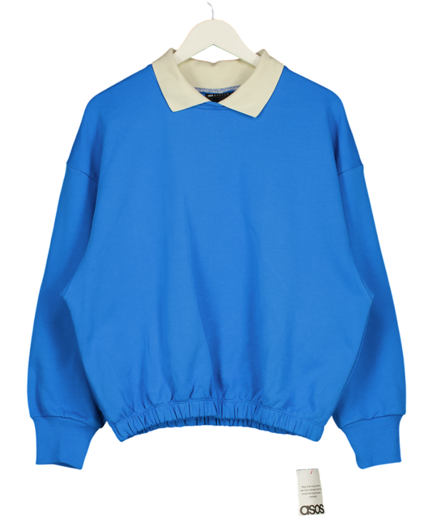 ASOS Design Premium Bubble Hem Oversize Rugby Sweatshirt In Blue UK XS