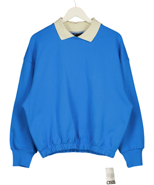ASOS Design Premium Bubble Hem Oversize Rugby Sweatshirt In Blue UK XS