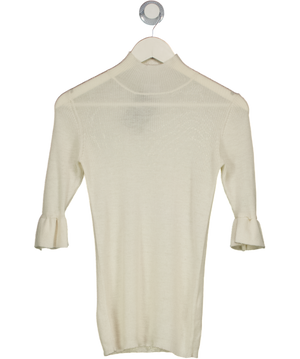 moth hole in sleeve MADELEINE THOMPSON Cream 100% Cashmere Fine Rib Turtleneck Knit Top UK S
