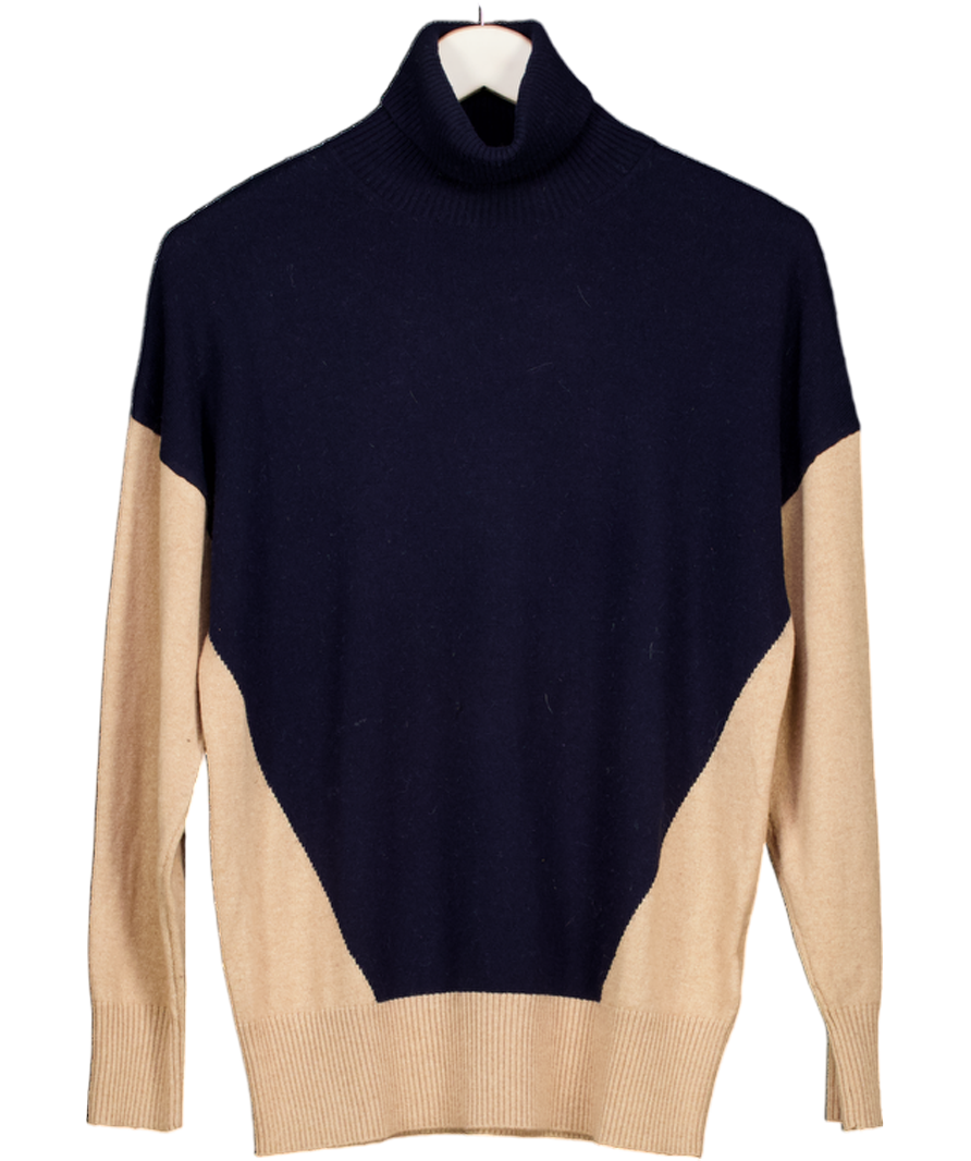 REISS Navy Blue / Camel Colourblock Knitted Roll Neck Jumper UK S