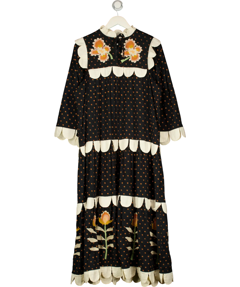 Stella Nova Loan Mae Black Floral Scallop Midi Dress Fr36 UK 8