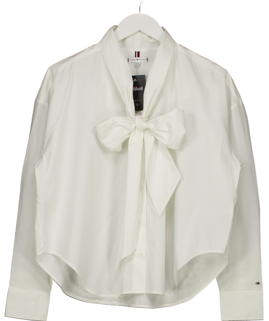 Tommy Hilfiger White Poplin Tie Neck Oversized Fit Shirt UK 6