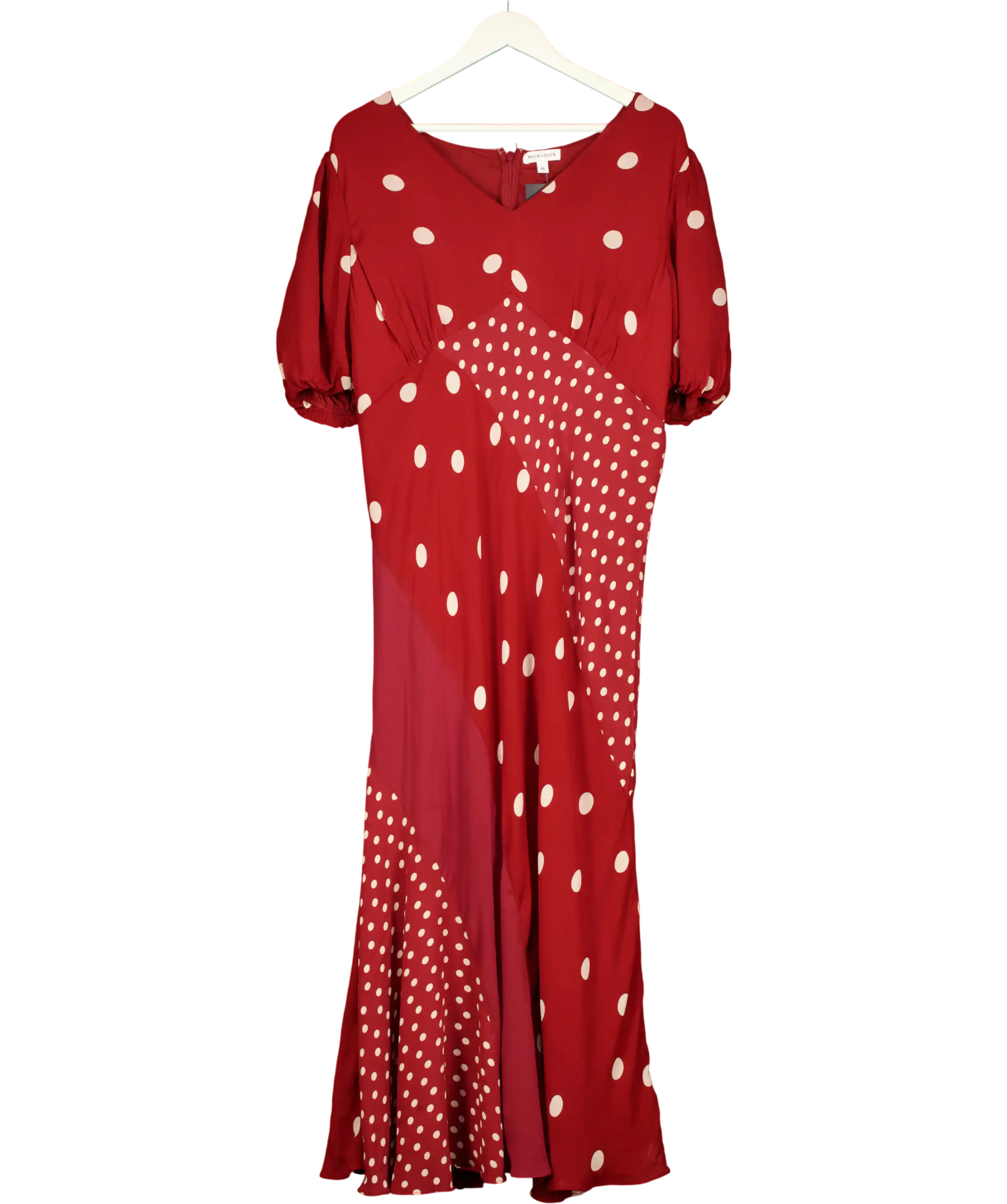 Monsoon Amaya Puff Sleeve Polka Dot Maxi Dress  Burgundy Red UK XL