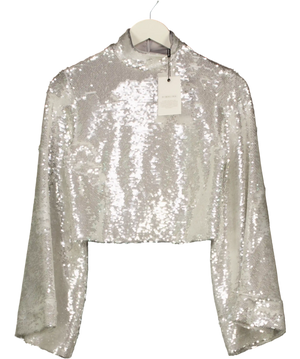 BY MALINA Metallic Aella Wide Sleeve Sequin Top Silver UK XS