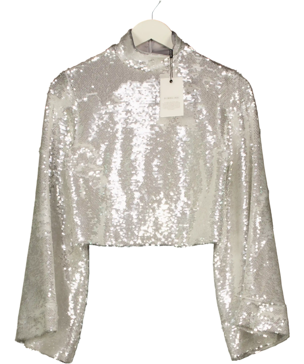 BY MALINA Metallic Aella Wide Sleeve Sequin Top Silver UK XS
