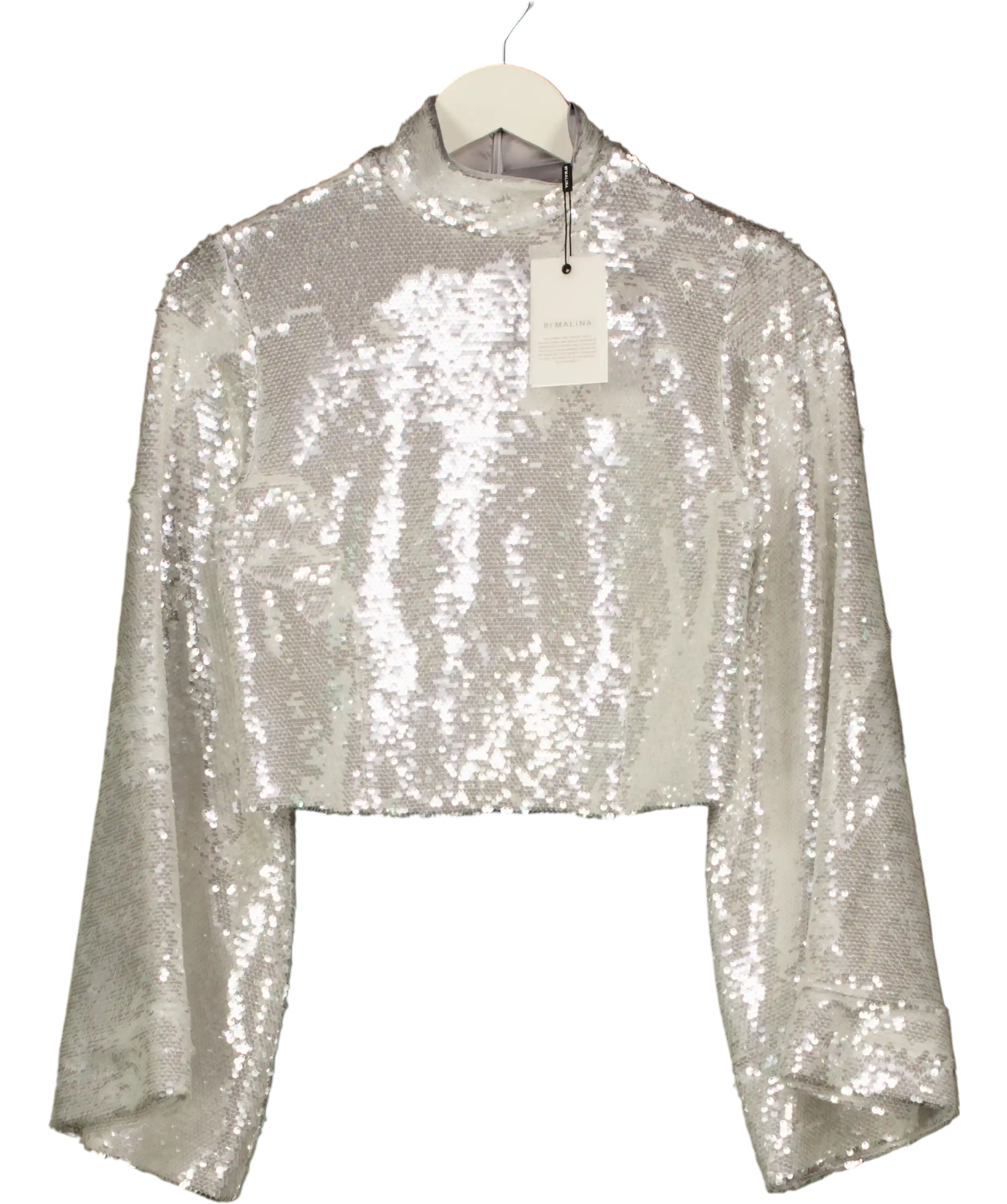 BY MALINA Metallic Aella Wide Sleeve Sequin Top Silver UK XS