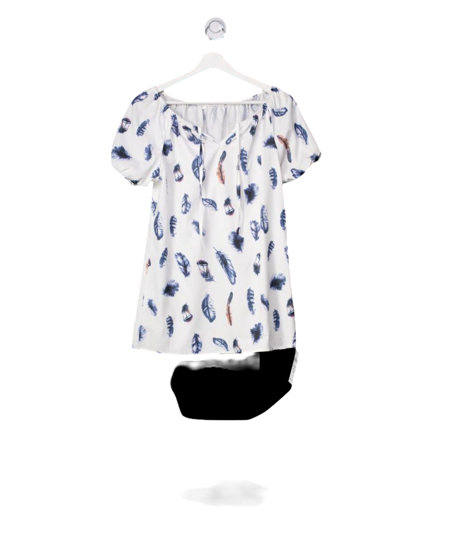 White Feather Print Puff Sleeve Top UK S