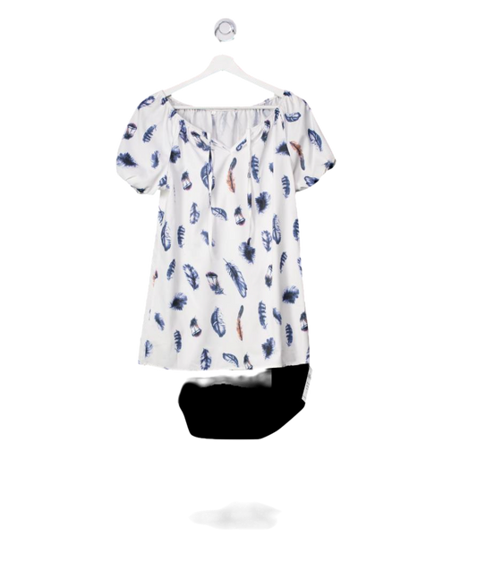 White Feather Print Puff Sleeve Top UK S