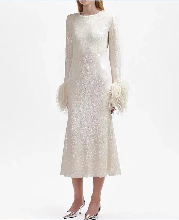 Self-Portrait Cream Sequin Feather Midi Dress UK 6