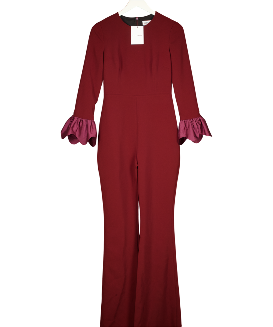 FILIARMI Red Burgundy Clara Jumpsuit Wilth Silk Frill Detail Cuff UK 8