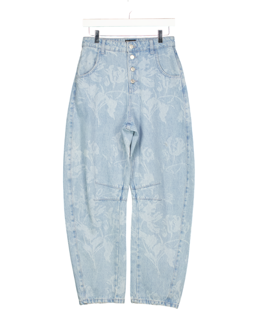 ASOS Design Barrel Leg Jean In Floral Mid Wash Blue UK 8