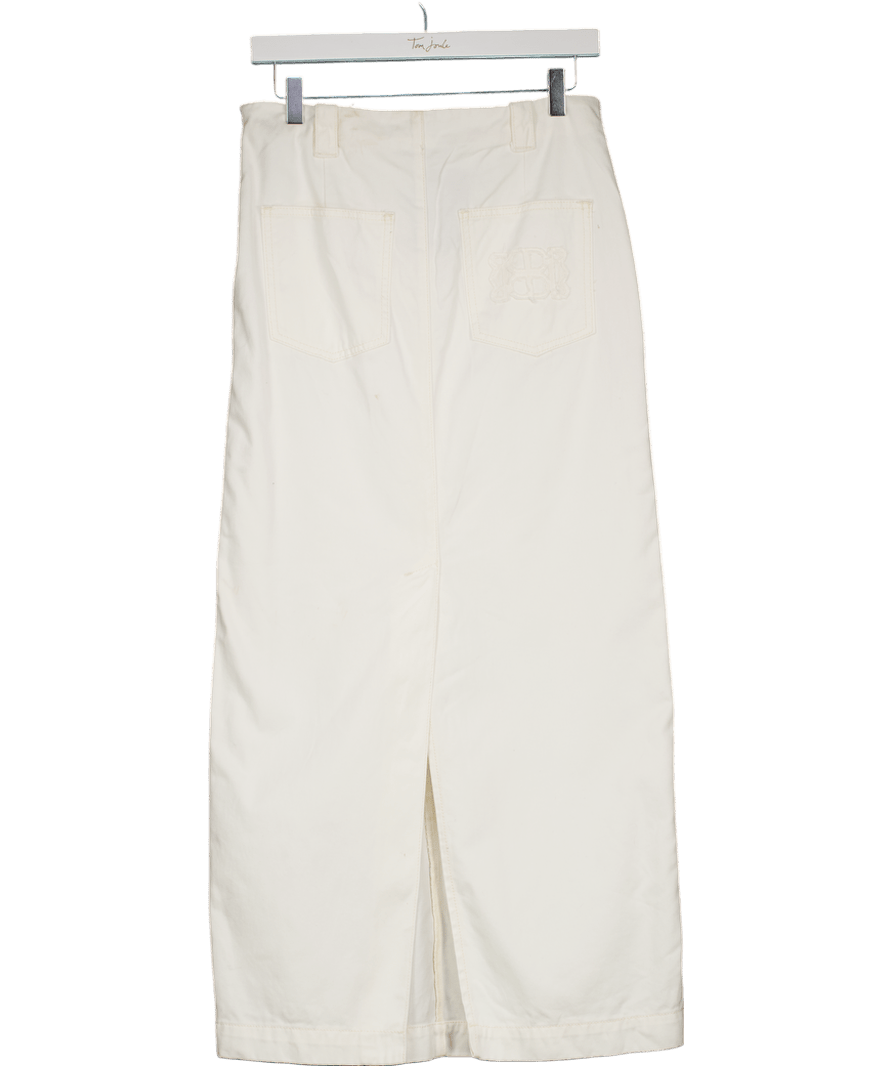 De Rococo Ecru Cream Denim Embroidered Logo Pocket Midi Skirt UK S - Reliked