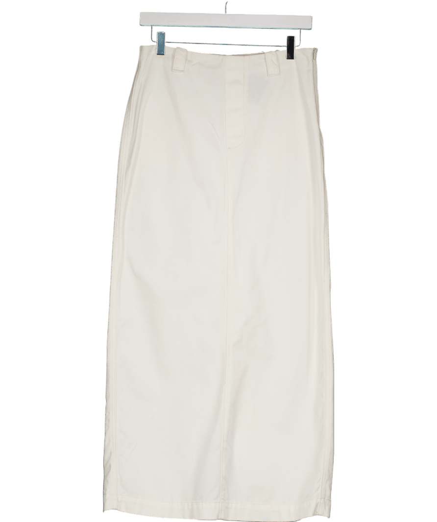 De Rococo Ecru Cream Denim Embroidered Logo Pocket Midi Skirt UK S - Reliked