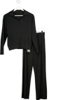 Uniqlo Black 2-piece Machine Washable Ribbed Knit Collared Polo Top & Wide Leg Lounge Trouser Set UK M