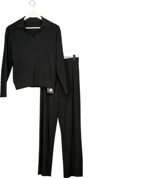 Uniqlo Black 2-piece Machine Washable Ribbed Knit Collared Polo Top & Wide Leg Lounge Trouser Set UK M