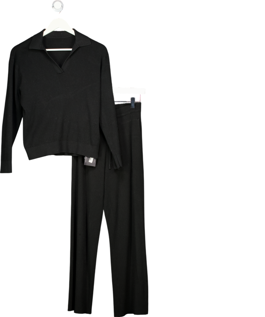 Uniqlo Black 2-piece Machine Washable Ribbed Knit Collared Polo Top & Wide Leg Lounge Trouser Set UK M