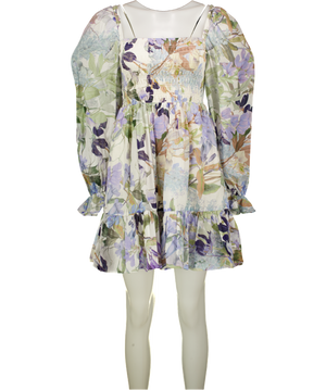 & OTHER STORIES Multicoloured Smocked Puff Sleeve  Square Neck Mini Dress UK 8