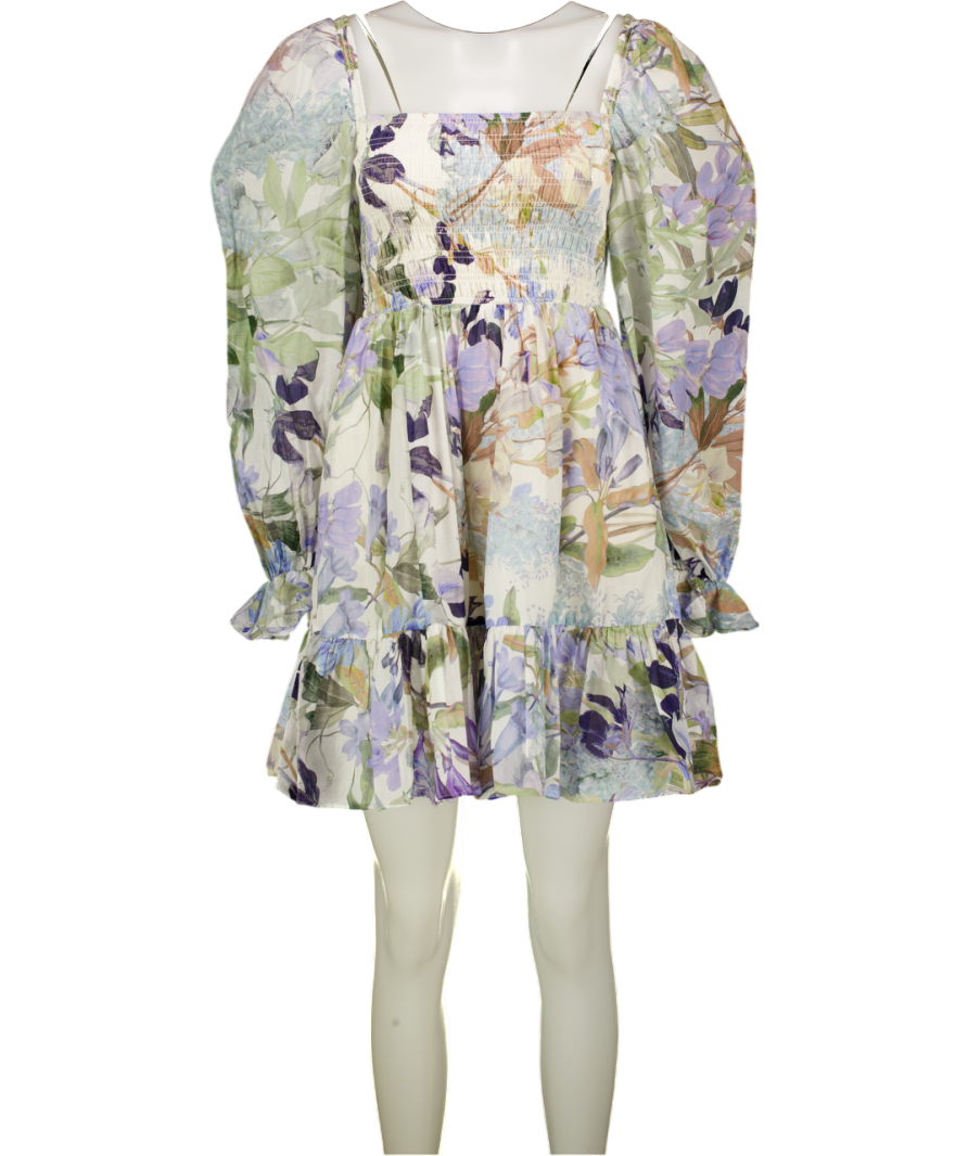 & OTHER STORIES Multicoloured Smocked Puff Sleeve  Square Neck Mini Dress UK 8