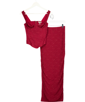 Mars the Label 2-piece Burgundy Red Embellished Lace Corset Top And Maxi Skirt Set UK 10