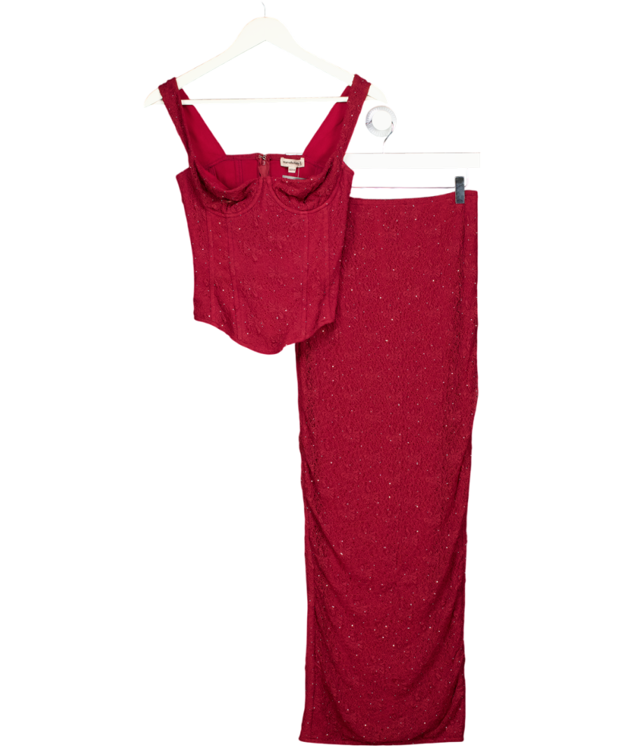 Mars the Label 2-piece Burgundy Red Embellished Lace Corset Top And Maxi Skirt Set UK 10