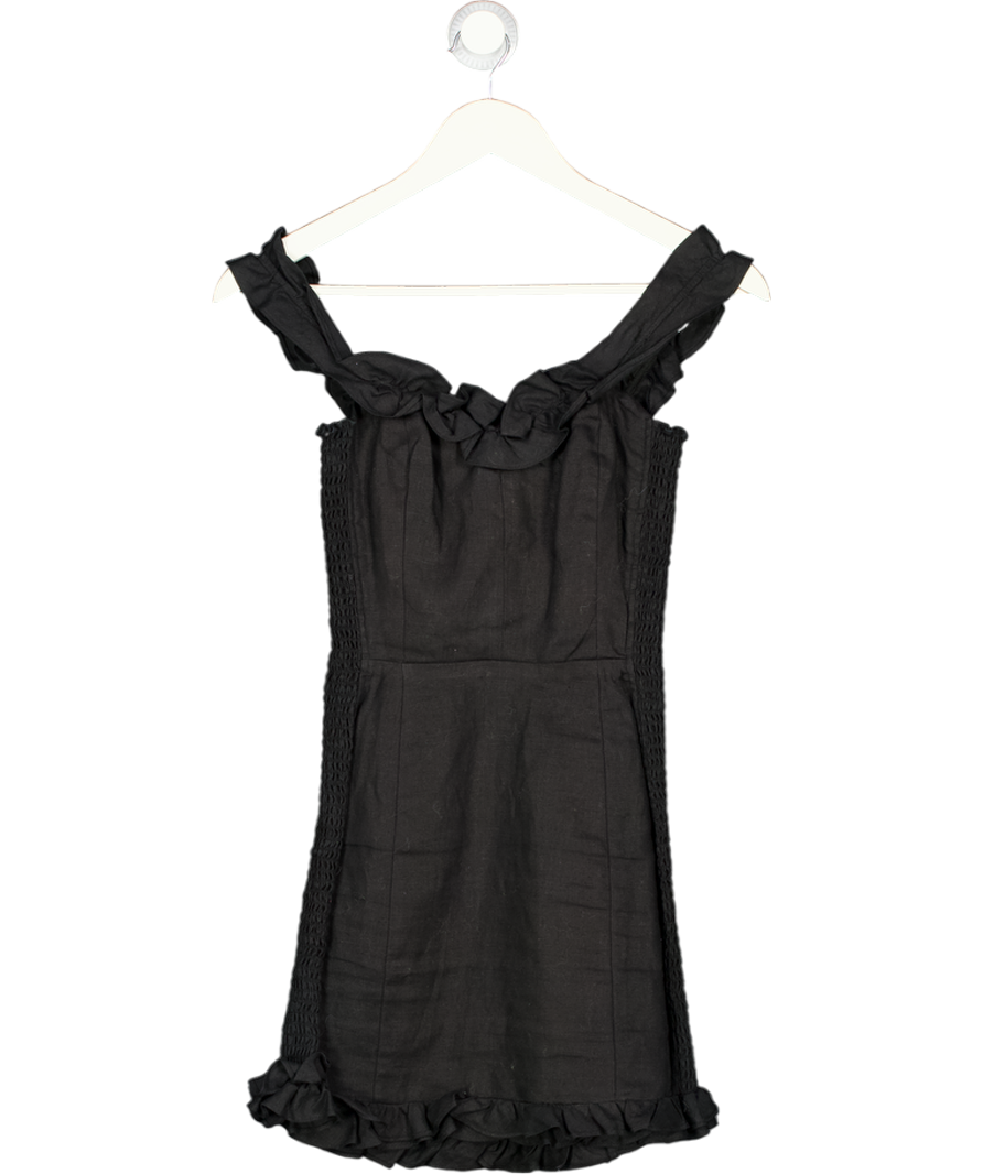 REFORMATION Black 100% Linen Shirred Frill Detail Mini Dress UK 4