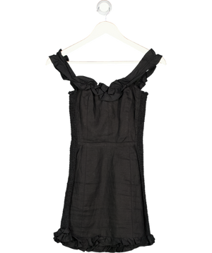 REFORMATION Black 100% Linen Shirred Frill Detail Mini Dress UK 4