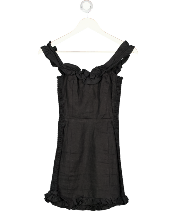 REFORMATION Black 100% Linen Shirred Frill Detail Mini Dress UK 4