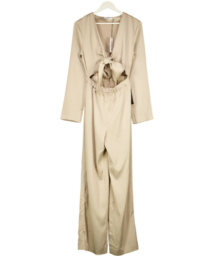 NA-KD Beige X Margaux Dietz Champagne Tie Front Satin Jumpsuit UK 8