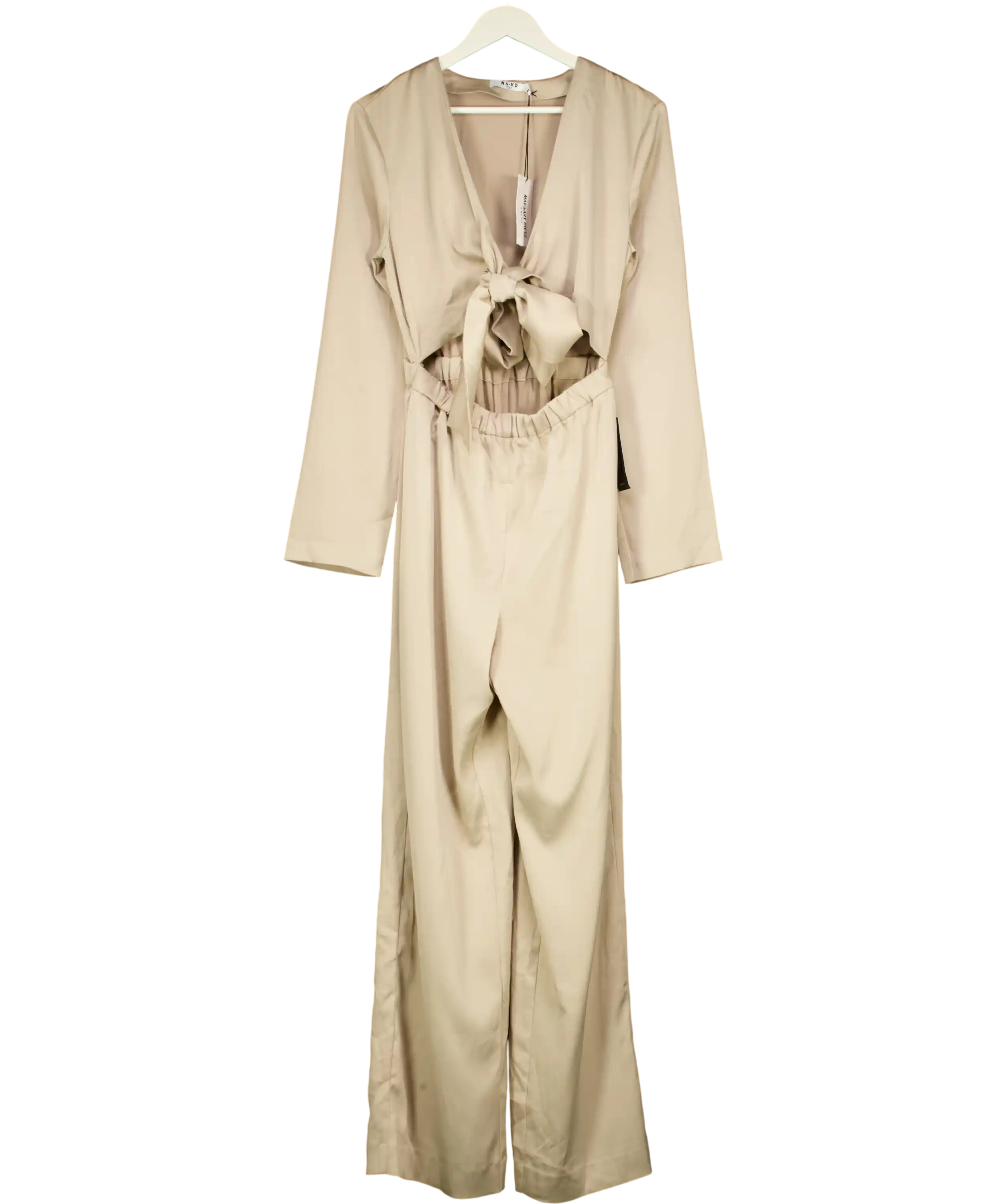 NA-KD Beige X Margaux Dietz Champagne Tie Front Satin Jumpsuit UK 8