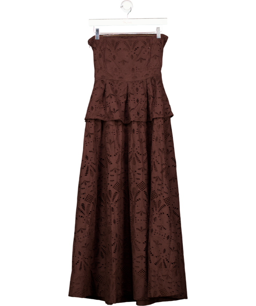 KAREN MILLEN Brown Cotton Broderie Peplum Bandeau Midi Dress UK 6
