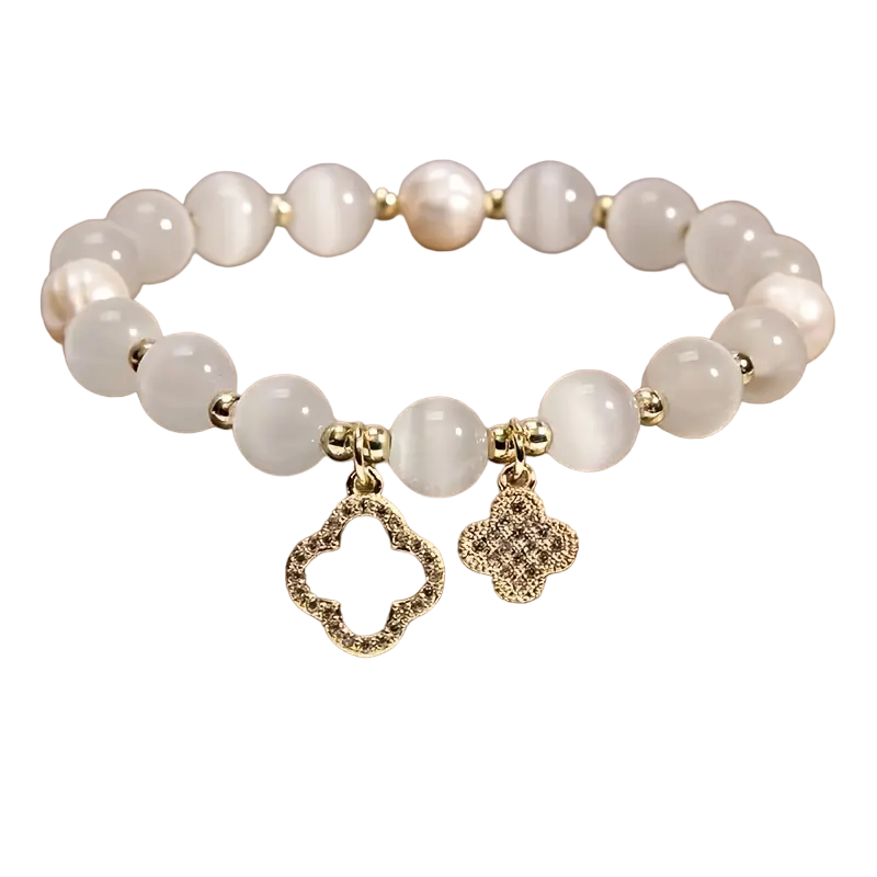 Ivory/gold Crystal & pearl Embellished Clover Beaded Bracelet In Gift Box