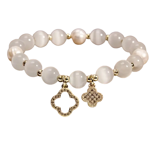 Ivory/gold Crystal & pearl Embellished Clover Beaded Bracelet In Gift Box