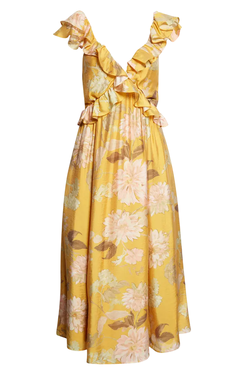 REISS Lucy Frill Floral Midi Dress, Yellow UK 6