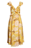 REISS Lucy Frill Floral Midi Dress, Yellow UK 6