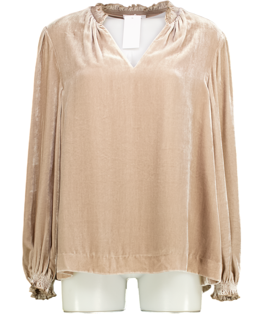 THE WHITE COMPANY Taupe Beige Silk Velvet Smock Detail Blouse UK 14