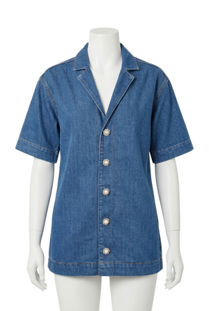 Ganni Crystal-Button Cotton-Blend Denim Shirt UK 8