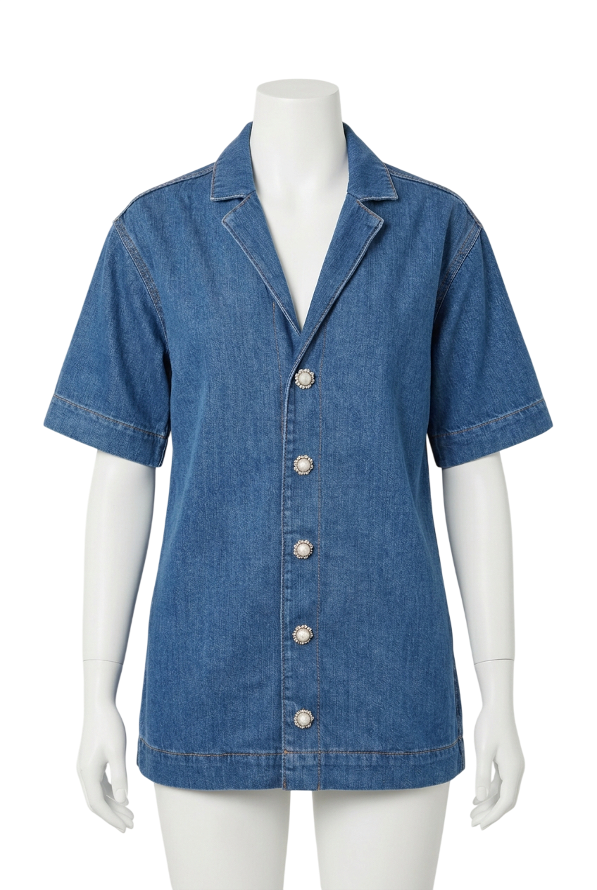 Ganni Crystal-Button Cotton-Blend Denim Shirt UK 8