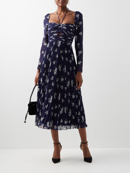 Self-Portrait Pansy-Print Pleated-Chiffon Maxi Dress UK 10