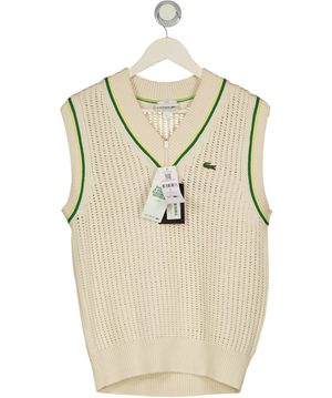 LACOSTE Cream Unisex Crochet Effect Cricket Sweater Vest - Cream/green/yellow UK S