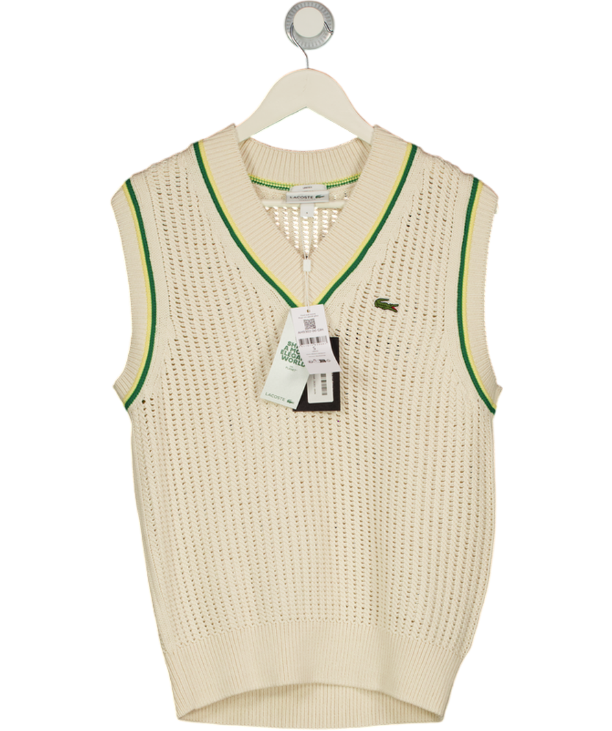 LACOSTE Cream Unisex Crochet Effect Cricket Sweater Vest - Cream/green/yellow UK S