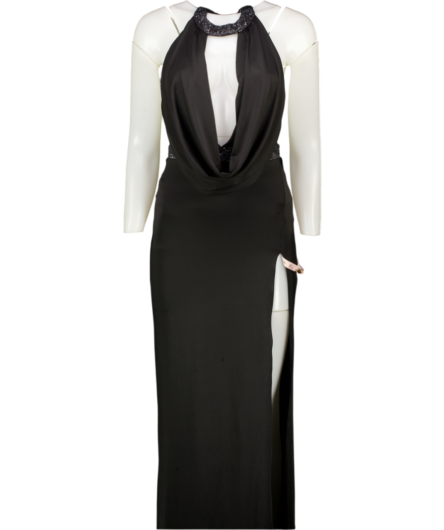 OH POLLY Teodora Cowl-neck Thigh-high Gown In Black UK 8