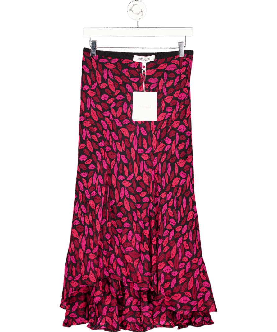 Diane von Furstenberg Black / Red 100% Silk Chiffon Midnight Kiss Print Layered Midi Skirt UK S - Reliked