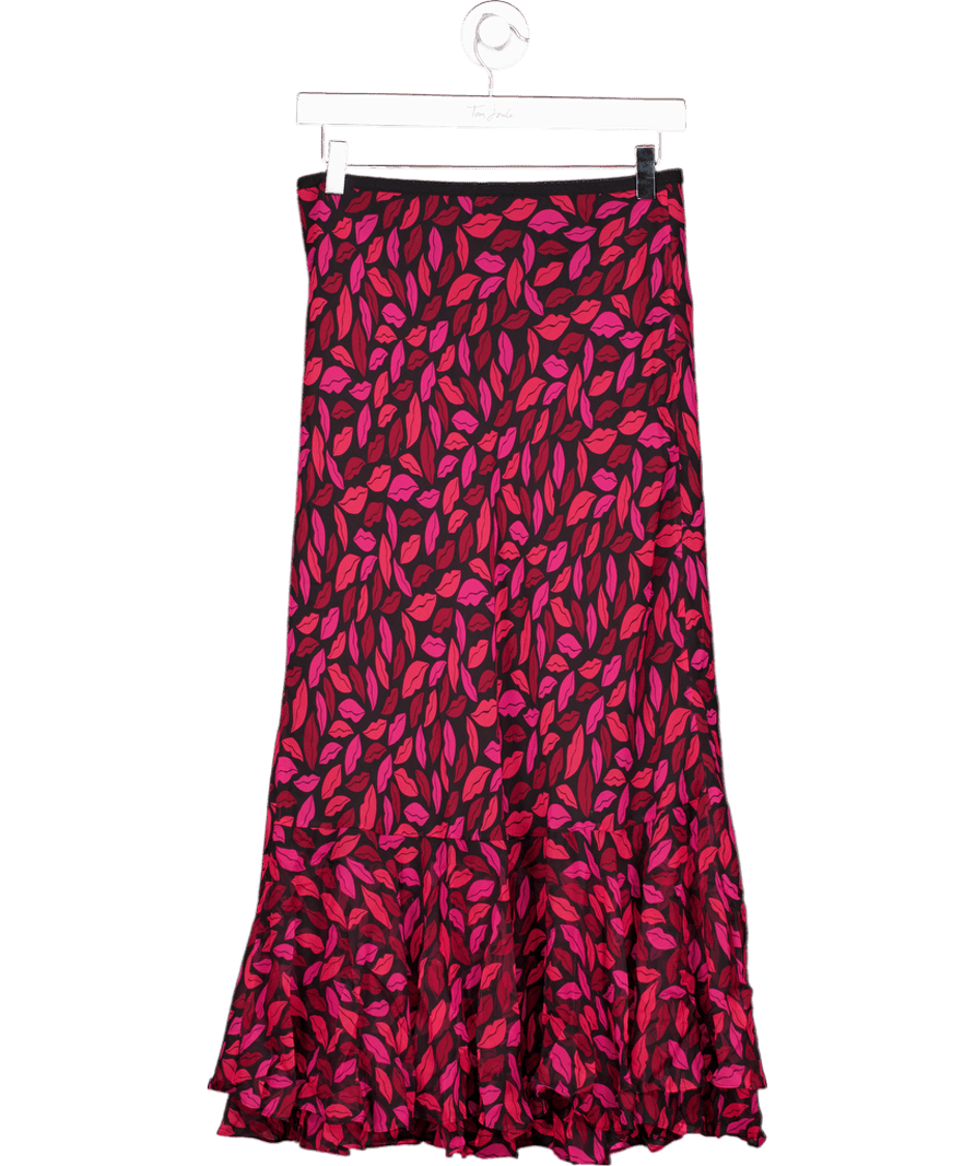 Diane von Furstenberg Black / Red 100% Silk Chiffon Midnight Kiss Print Layered Midi Skirt UK S - Reliked